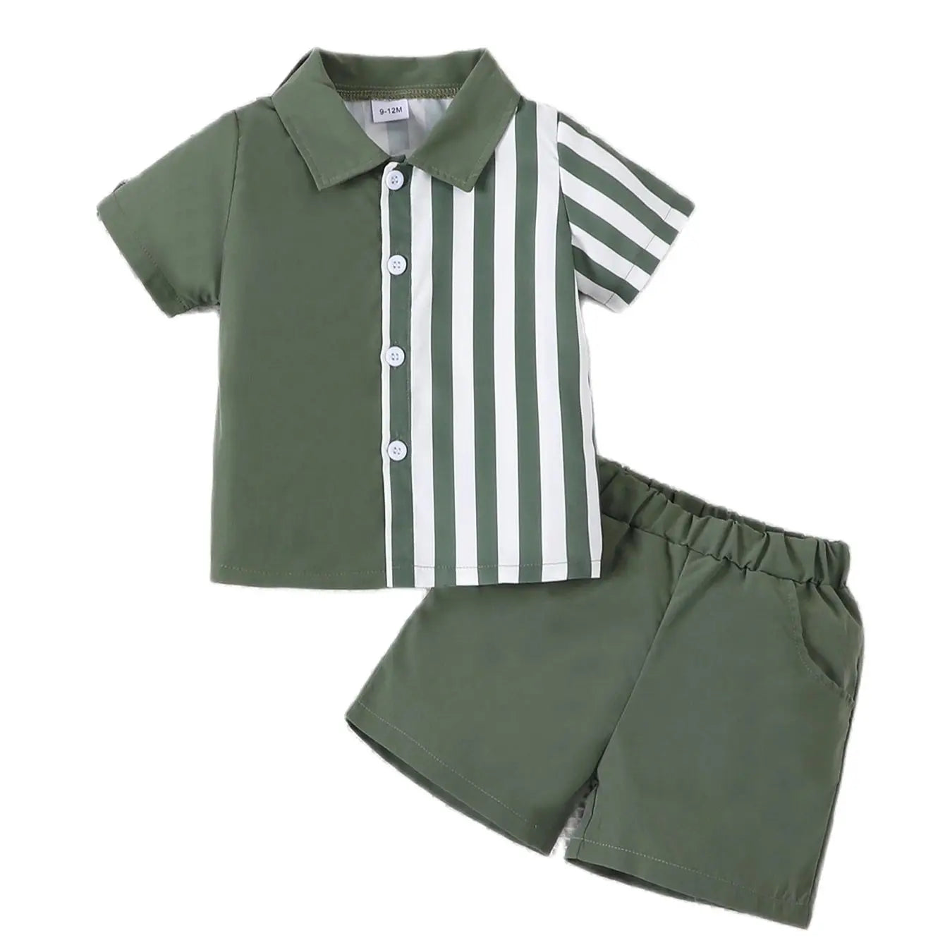 Focus on the neckline and sleeve features of the baby boys colour block short sleeve shirt and shorts set