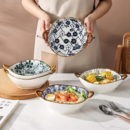 7.5 Inch Japanese Ceramic Noodle Bowl With Handles Blue