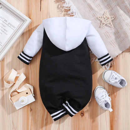 Side view of baby boys hooded baseball romper jumpsuit