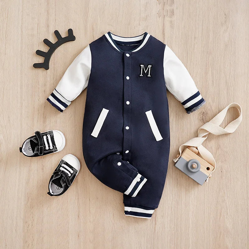Preppy cotton long sleeve baseball romper with embroidery for baby boys