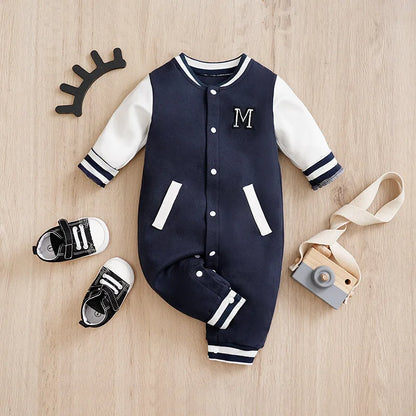 Preppy cotton long sleeve baseball romper with embroidery for baby boys