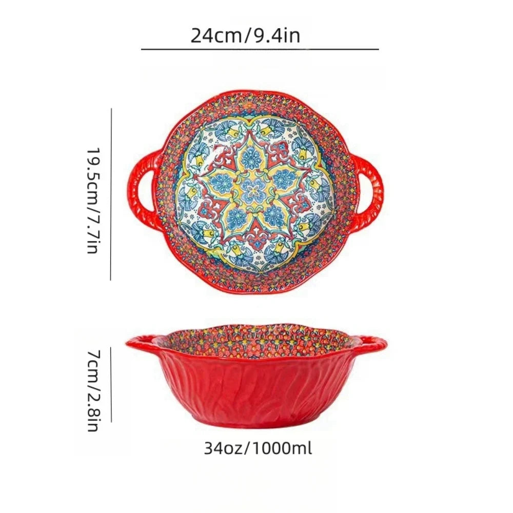 Ceramic Soup Bowl Bohemian Handle Embossed Microwave