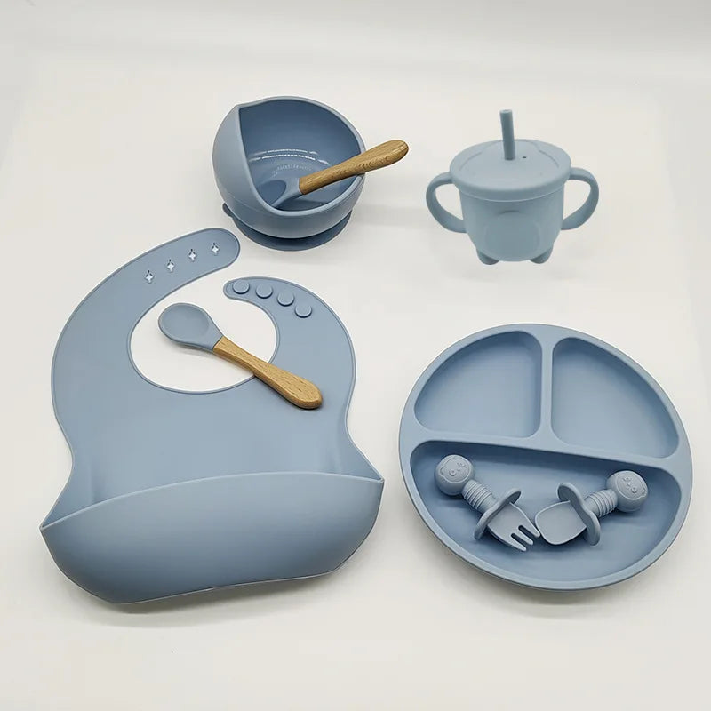 Baby Silicone Tableware Set 8 Piece Suction Bowls Divided Plate Bib Spoon Fork Fall 2025 Self Feeding Aid