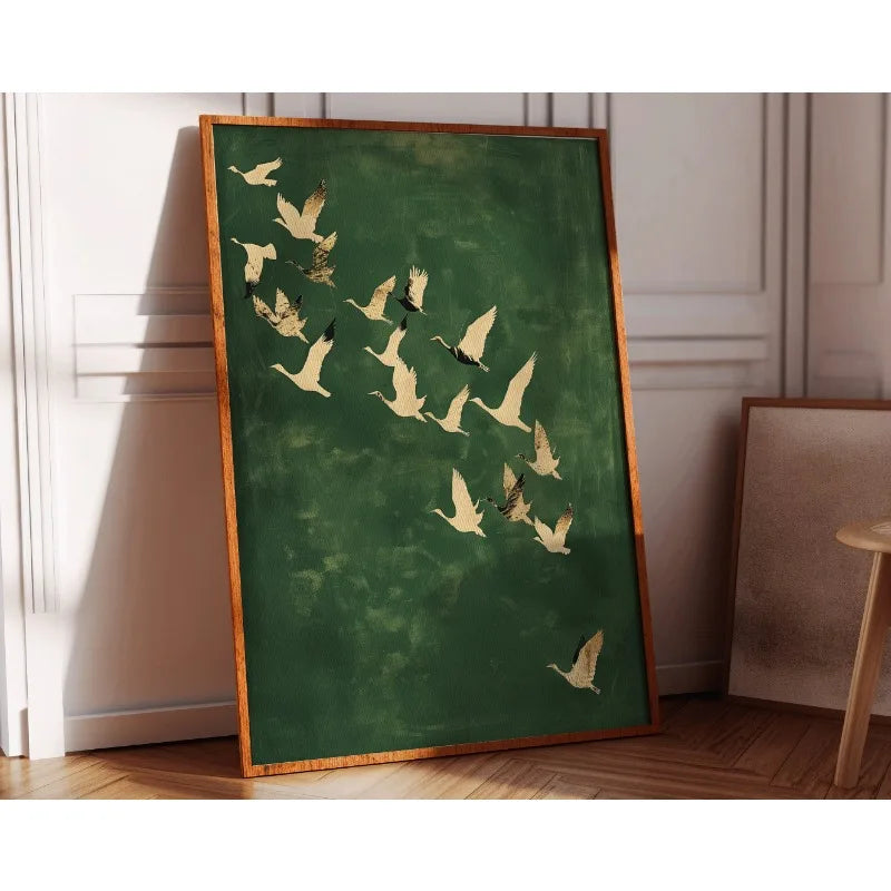 Cranes Wall Art Emerald Green Canvas With Gold Accents