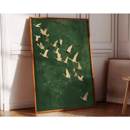 Cranes Wall Art Emerald Green Canvas With Gold Accents