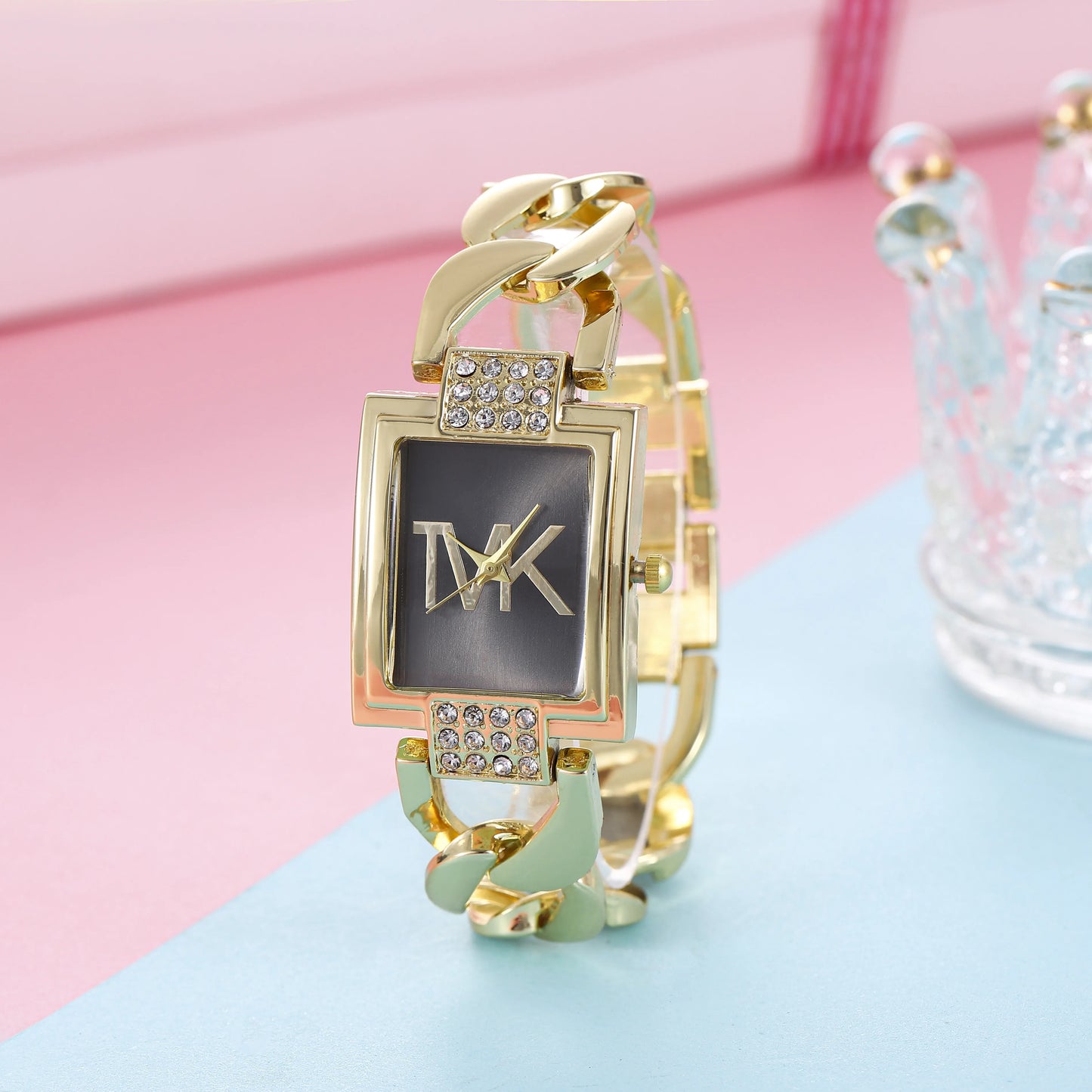Women's Watch Gold Tone Square Dial, Elegant Alloy Band With Crystal Accents, Summer 2026 Gift