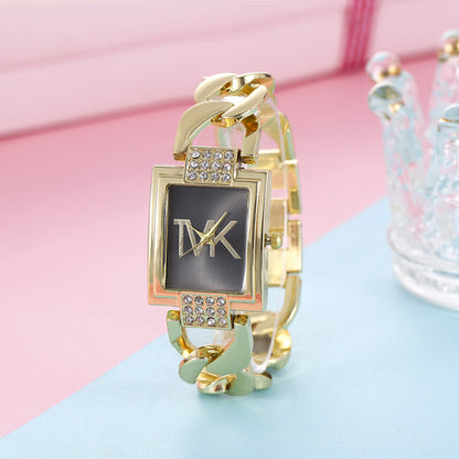 Women's Watch Gold Tone Square Dial, Elegant Alloy Band With Crystal Accents, Summer 2026 Gift