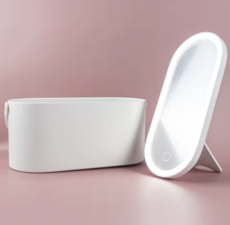 Makeup Organizer Box with LED Light Mirror - Portable Travel Makeup Case for Cosmetics Storage