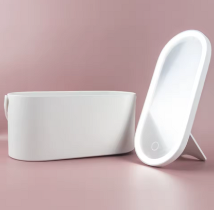 Makeup Organizer Box with LED Light Mirror - Portable Travel Makeup Case for Cosmetics Storage