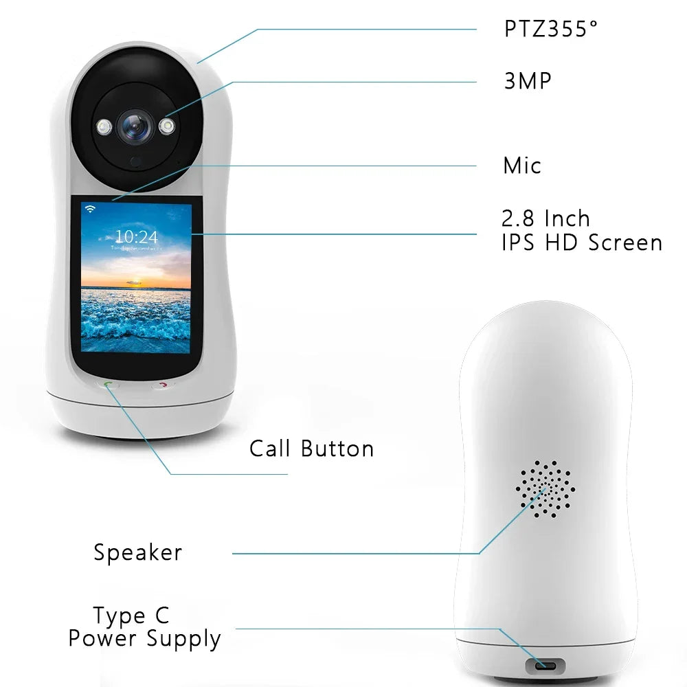 Baby Monitor 3MP PTZ With 2.8 Inch IPS Screen Video Call Baby Cry Detection Home Security Remote Monitoring 2025