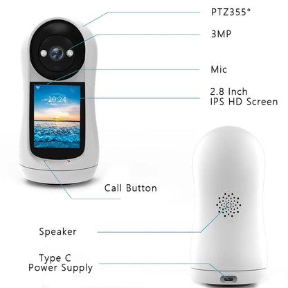 Baby Monitor 3MP PTZ With 2.8 Inch IPS Screen Video Call Baby Cry Detection Home Security Remote Monitoring 2025