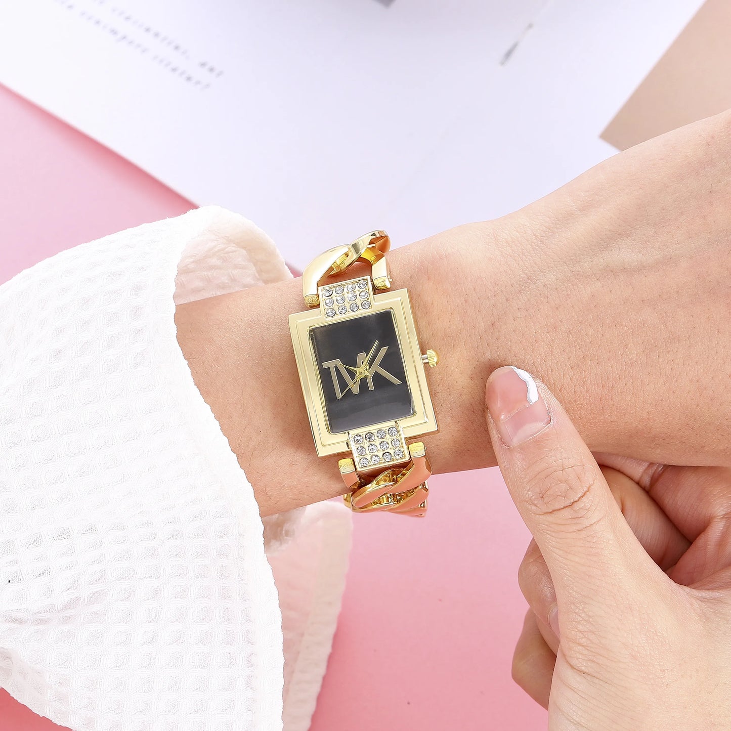 Women's Watch Gold Tone Square Dial, Elegant Alloy Band With Crystal Accents, Summer 2026 Gift