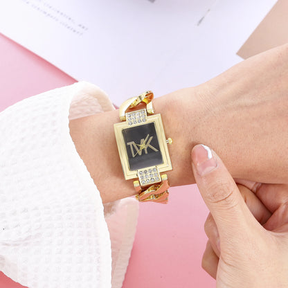 Women's Watch Gold Tone Square Dial, Elegant Alloy Band With Crystal Accents, Summer 2026 Gift