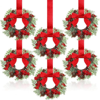 Christmas Wreaths Set Of 6 Mini Cabinet Wreaths With Red Bows Farmhouse Holiday 2025 Artificial Durable Decor