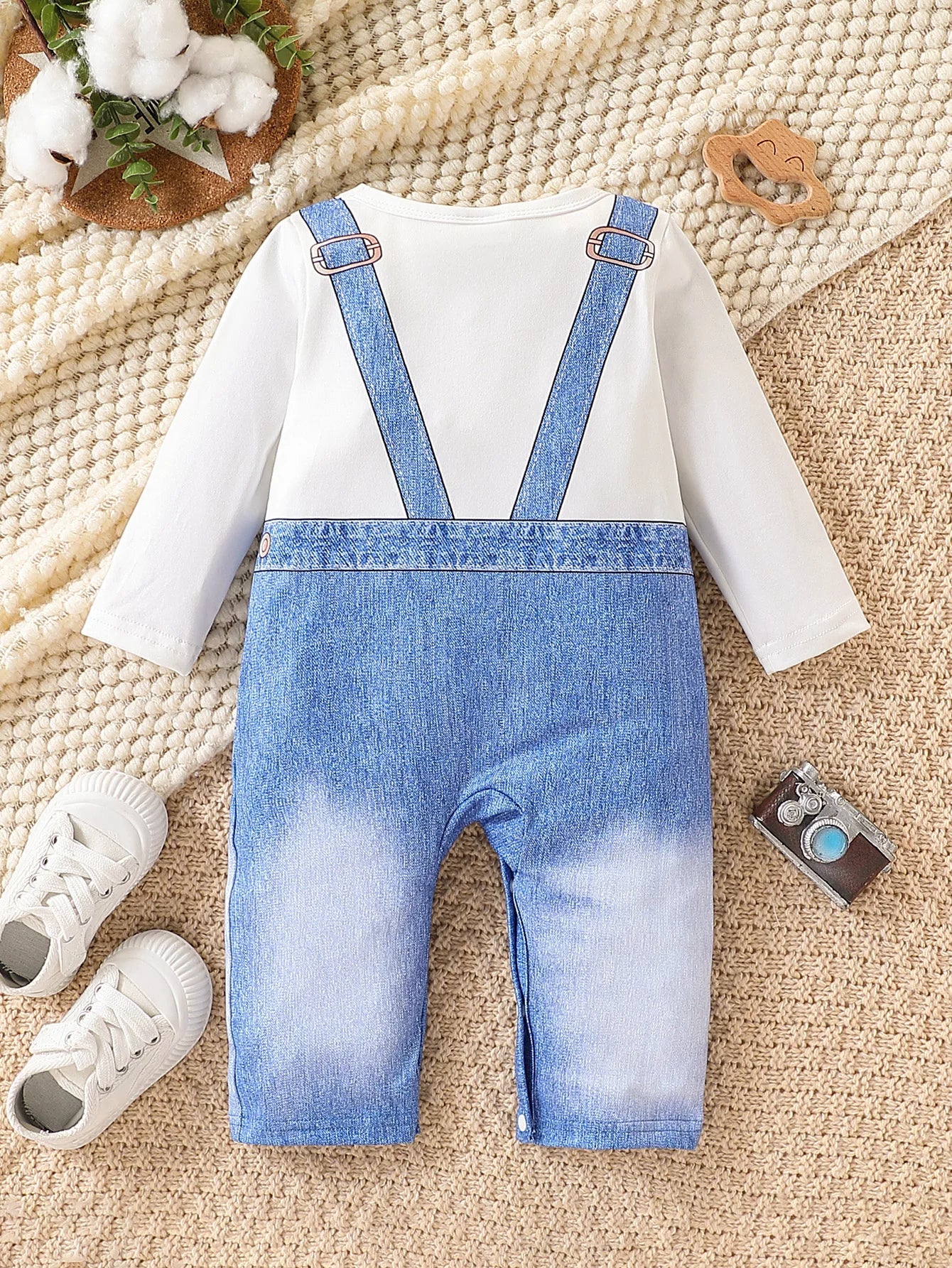 Faux denim print detail on baby boys long-sleeve onesie