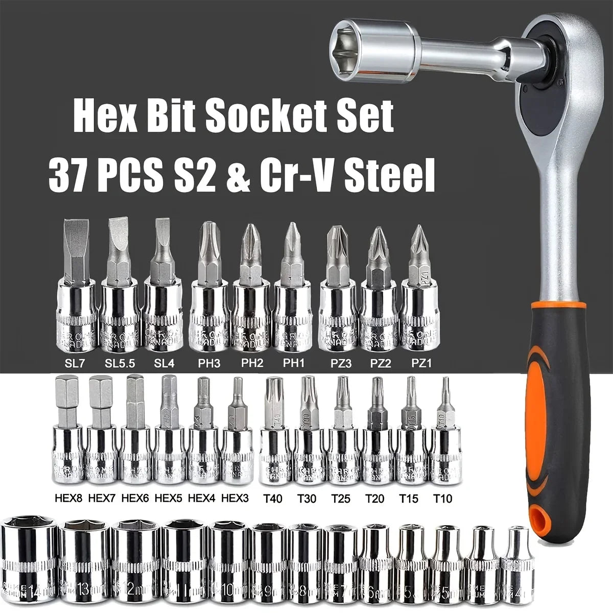 Home Tools Drive Socket Set - 1/4 Inch Ratchet Wrench & Metric Hex Bit Kit for Mechanics