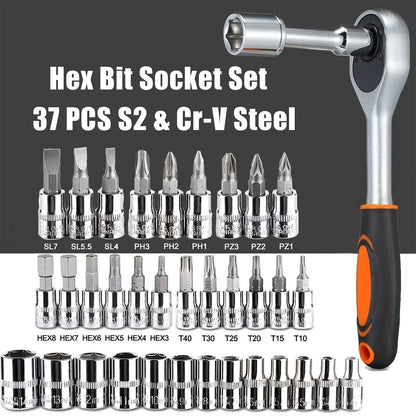 Home Tools Drive Socket Set - 1/4 Inch Ratchet Wrench & Metric Hex Bit Kit for Mechanics
