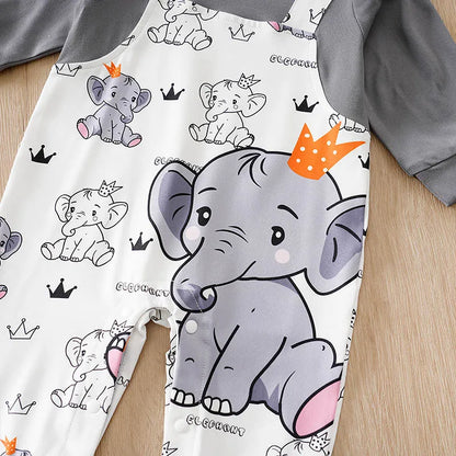 Baby boy wearing a long-sleeve romper with an elephant print and faux braces