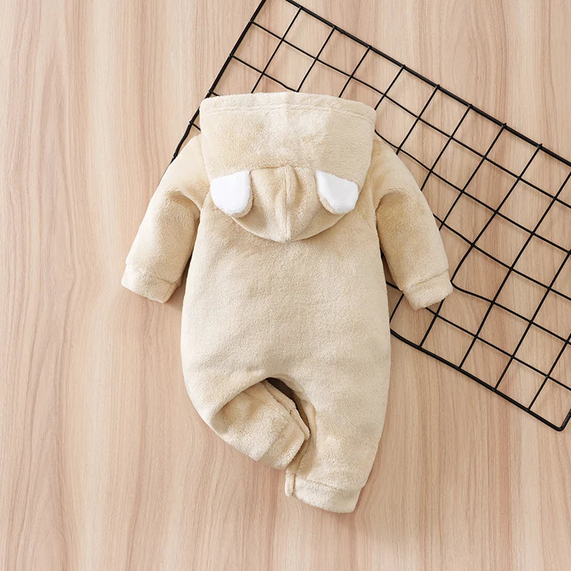 Side view of baby bear hooded winter flannel romper