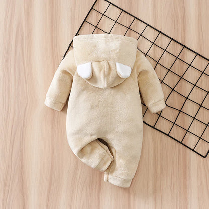 Side view of baby bear hooded winter flannel romper
