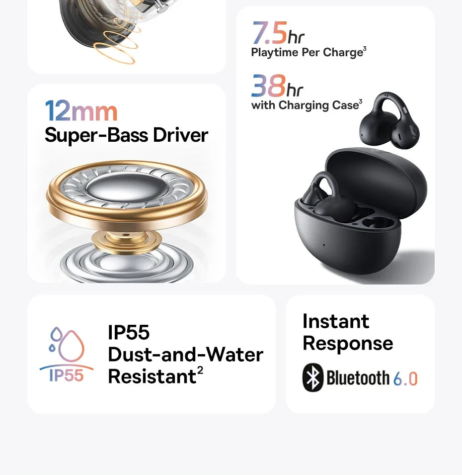 Baseus BC1 Open-Ear Clip Earbuds Bluetooth 6.0 – 4-Mic Noise Cancellation Super Bass IP55 Sports 2026
