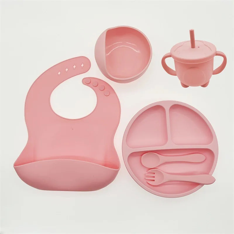 Baby Silicone Tableware Set 8 Piece Suction Bowls Divided Plate Bib Spoon Fork Fall 2025 Self Feeding Aid