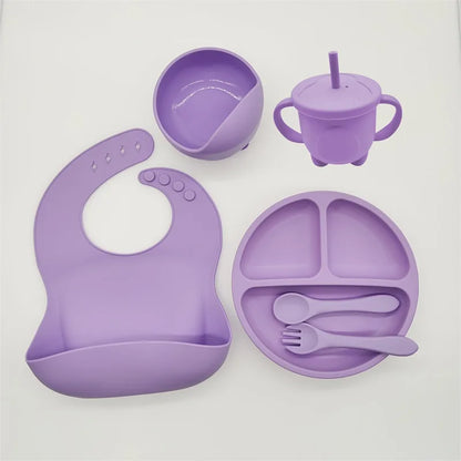 Baby Silicone Tableware Set 8 Piece Suction Bowls Divided Plate Bib Spoon Fork Fall 2025 Self Feeding Aid