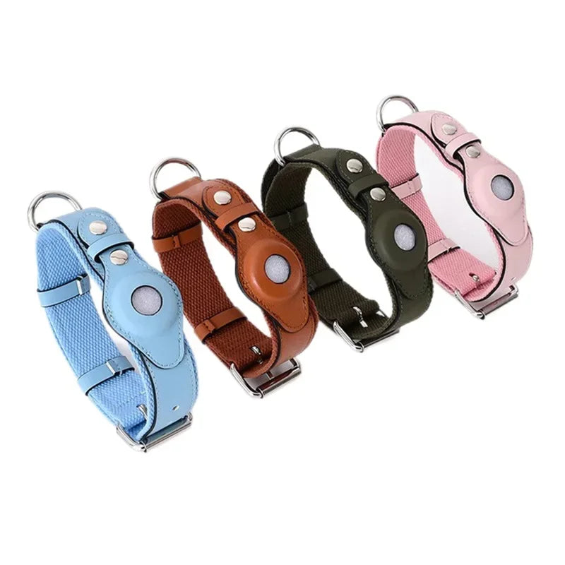 Leather Dog Collar Adjustable Padded Pet Collar With AirTag Holder Luxury Design All-Season Comfort Gift