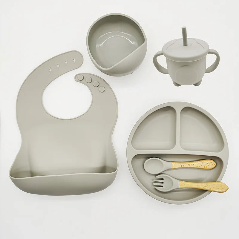 Baby Silicone Tableware Set 8 Piece Suction Bowls Divided Plate Bib Spoon Fork Fall 2025 Self Feeding Aid