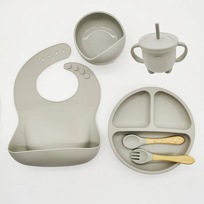 Baby Silicone Tableware Set 8 Piece Suction Bowls Divided Plate Bib Spoon Fork Fall 2025 Self Feeding Aid