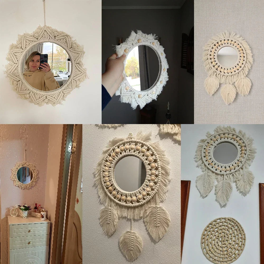 Macrame Mirror Set Cotton Fringe Boho Wall Hanging Mirrors Fall 2025 Cozy Nursery Home Decor Gift