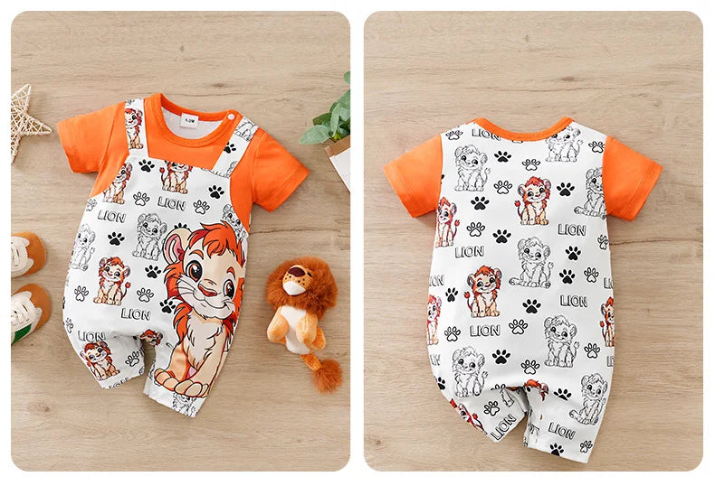 Baby wearing a short-sleeve romper with a lion print and faux two-piece design