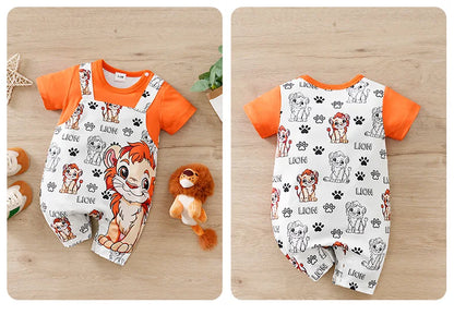 Baby wearing a short-sleeve romper with a lion print and faux two-piece design