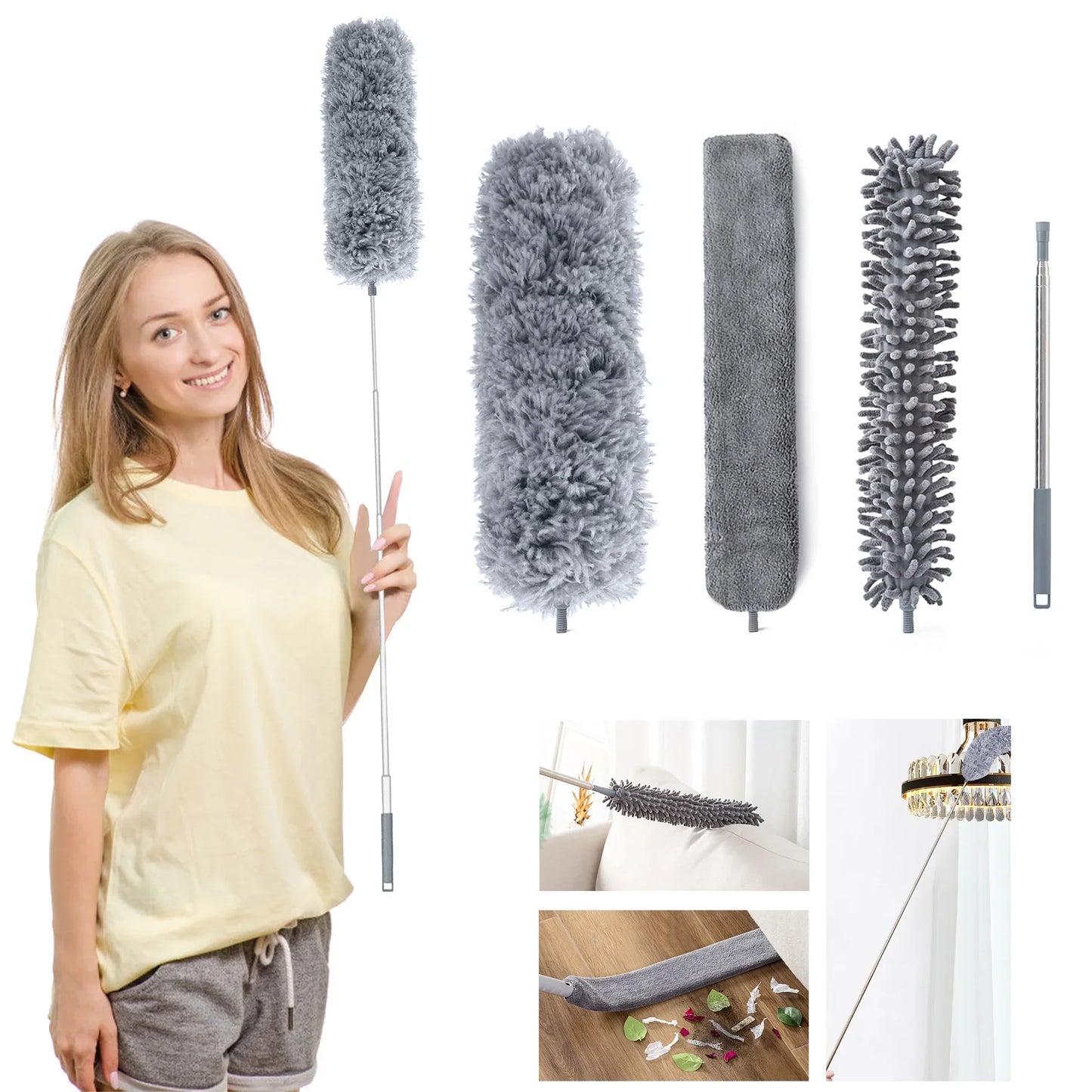 Microfiber Cleaning Tool Set - 4PCS Long Handle Duster & Brushes for Household Cleaning