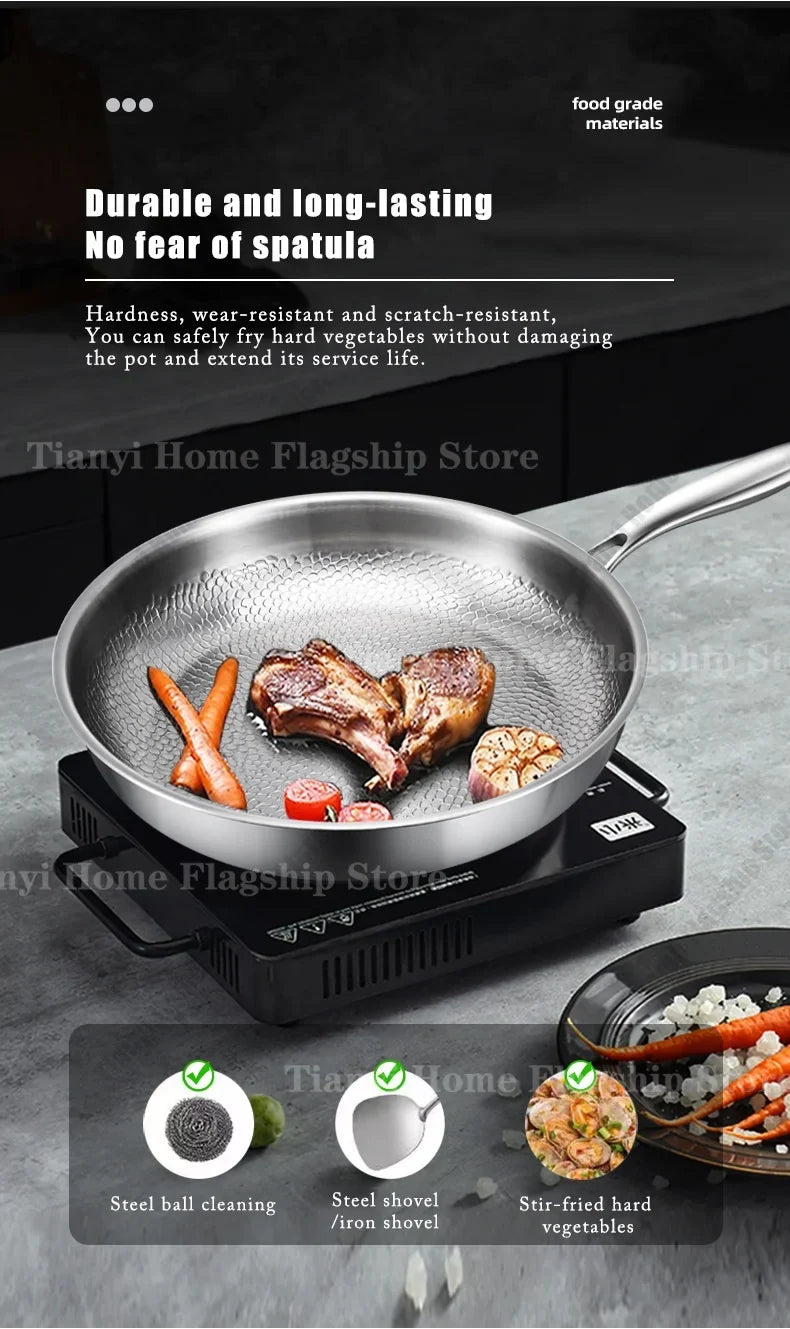 Titanium-Coated Stainless Steel Non-Stick Wok Pan – Gas and Induction Compatible Kitchen Cookware