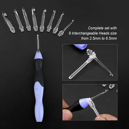 9PCS LED Light Up Crochet Hook Set - USB Rechargeable Knitting Tool 2.5-6.5MM for DIY Crafts