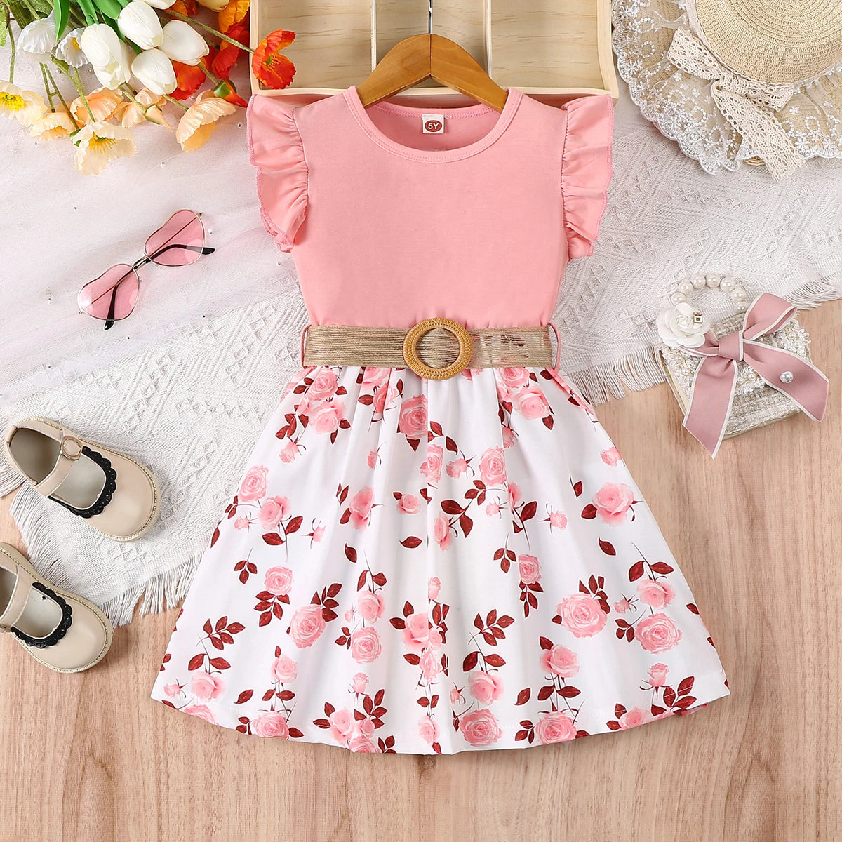 Girls floral print ruffle sleeve summer dress with belt