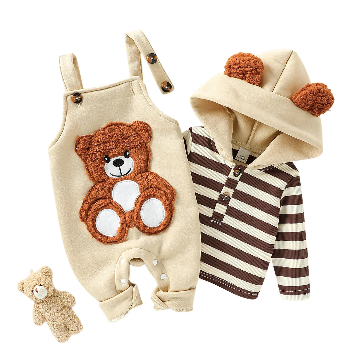 Baby boys striped hooded sweatshirt and embroidered bear overalls
