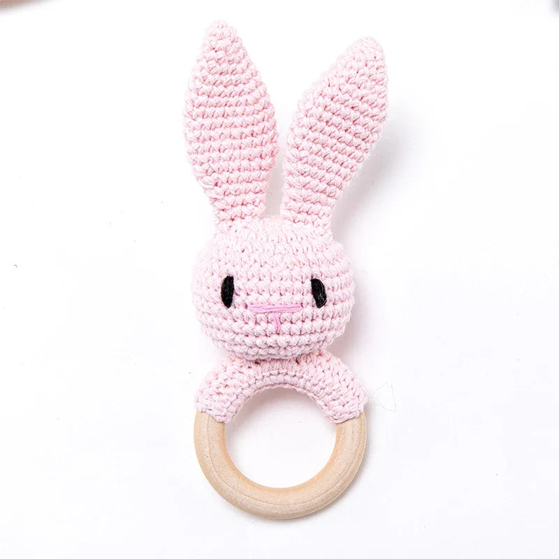 Wooden Crochet Animal Teether Rattle Newborn Sensory Toys