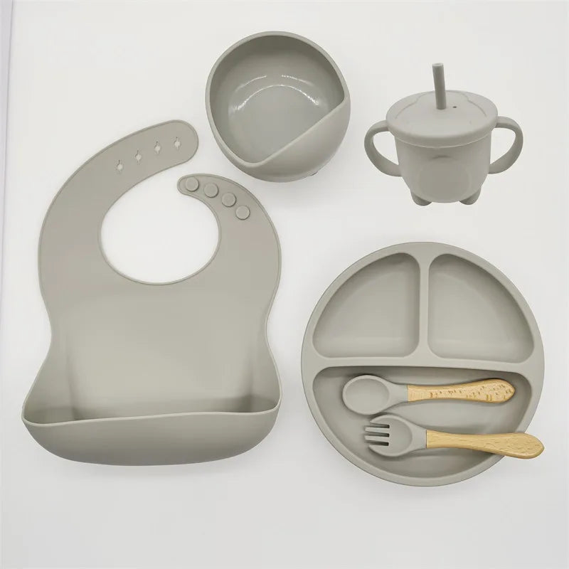 Baby Silicone Tableware Set 8 Piece Suction Bowls Divided Plate Bib Spoon Fork Fall 2025 Self Feeding Aid