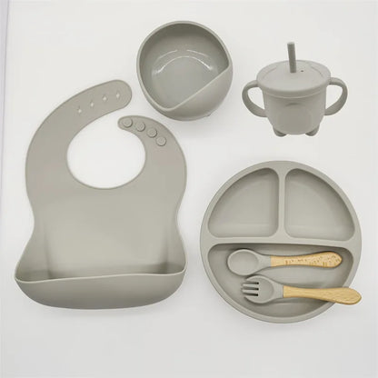 Baby Silicone Tableware Set 8 Piece Suction Bowls Divided Plate Bib Spoon Fork Fall 2025 Self Feeding Aid