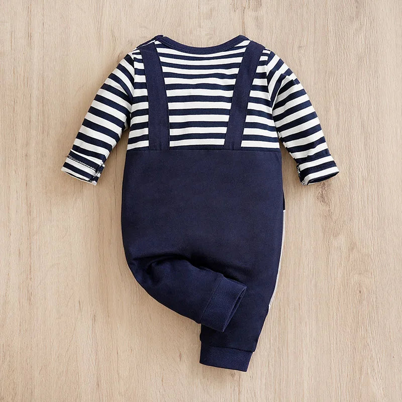 Detail view showing the fabric finish and pattern of the baby long sleeve striped elephant romper