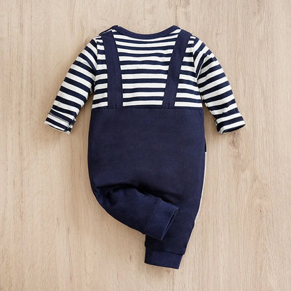Detail view showing the fabric finish and pattern of the baby long sleeve striped elephant romper