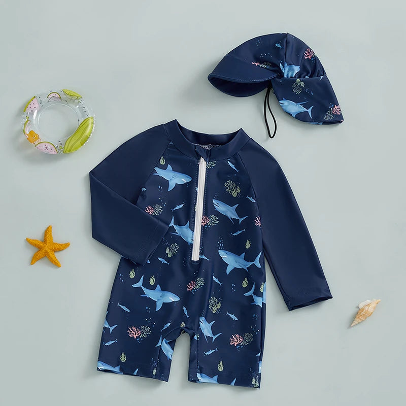 Styling suggestion for boys shark print long sleeve rash guard swimwear set