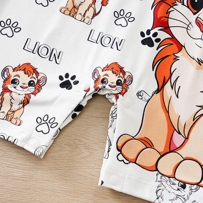 Baby wearing a short-sleeve romper with a lion print and faux two-piece design