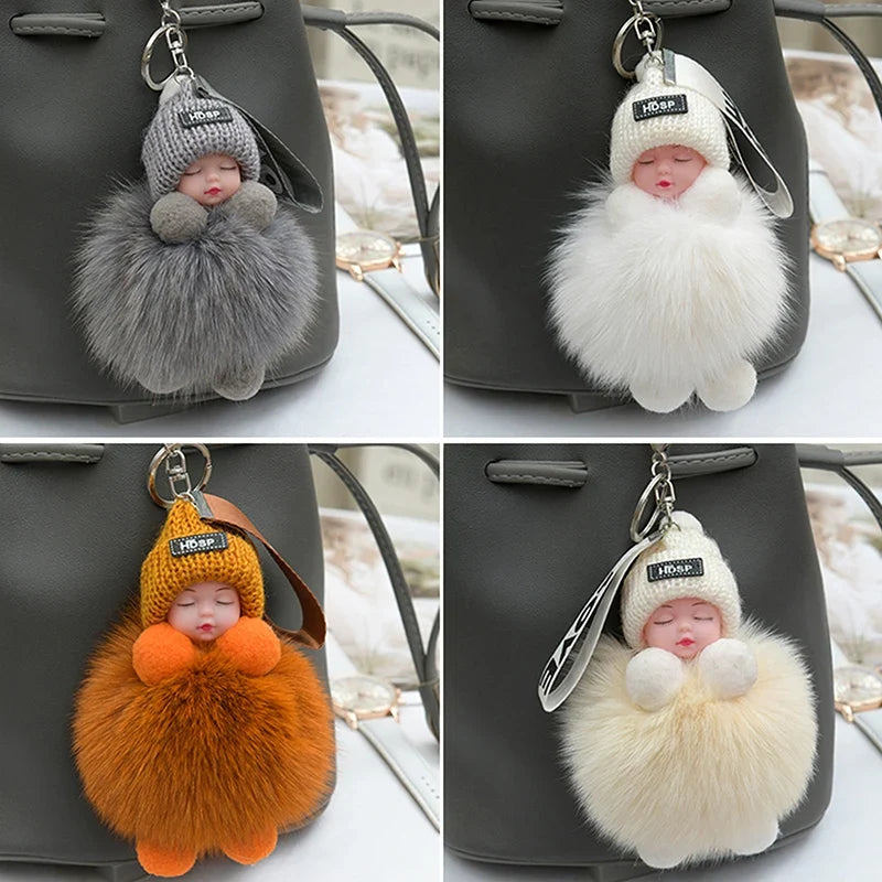 Pompom Sleeping Baby Keychain Plush Bag Charm Cute Gift