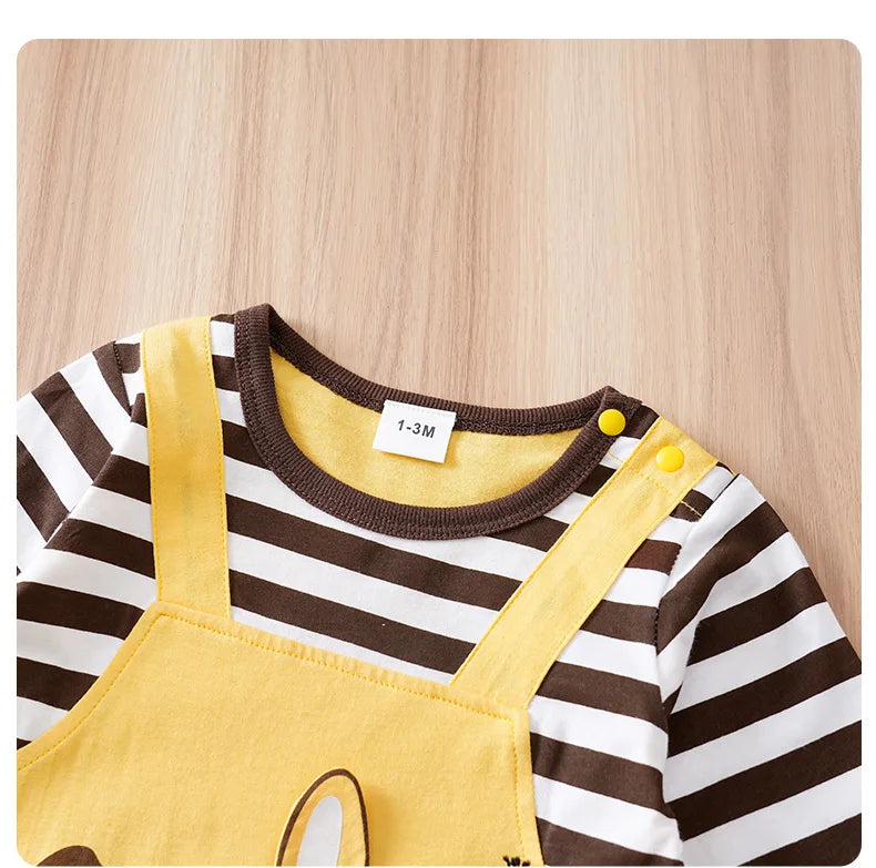 Occasion style layout showcasing the baby striped elephant and giraffe print romper