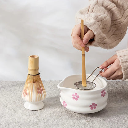 Matcha Bowl White Ceramic Sakura Matcha Tea Set With Bamboo Whisk And Strainer Spring 2025 Gift
