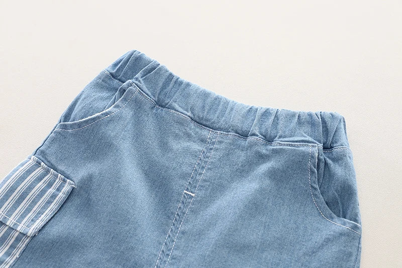 Occasion wear styling of the boys striped shirt and denim shorts set - view 11
