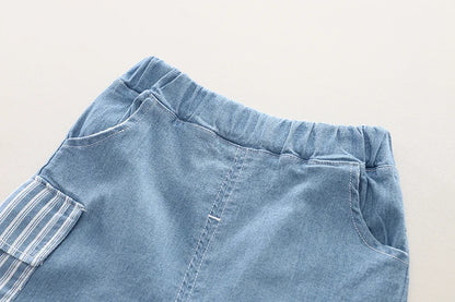Occasion wear styling of the boys striped shirt and denim shorts set - view 11